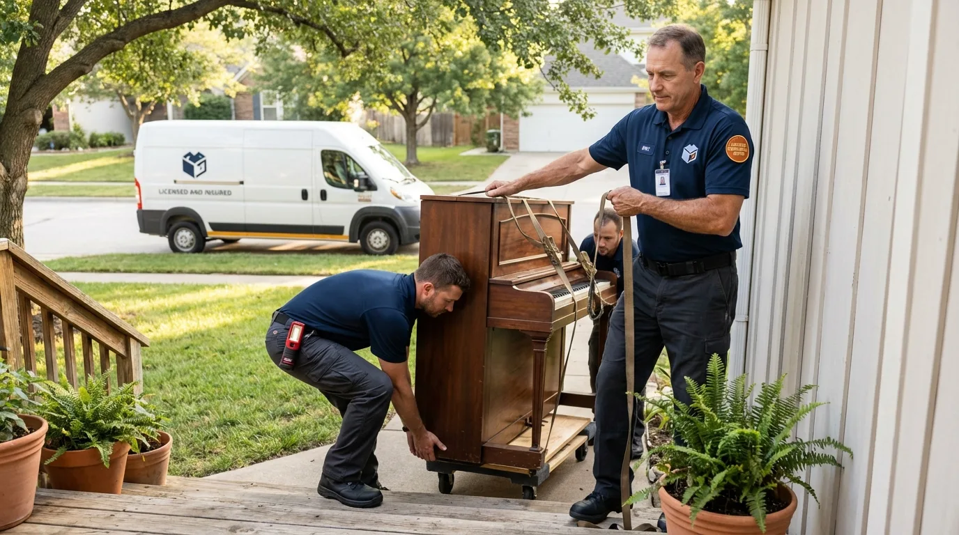 Licensed piano movers securing grand piano in Blountville, TN